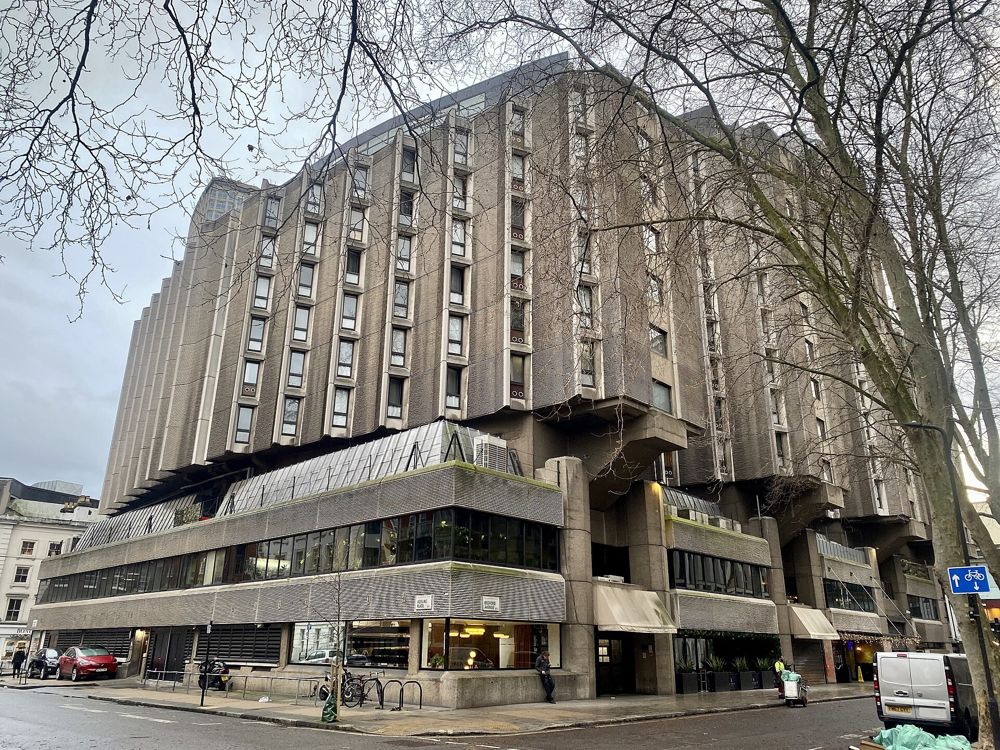 The hotel building at the corner of Adeline Place and Bedford Avenue (photographed as St Giles Hotel, January 2024)